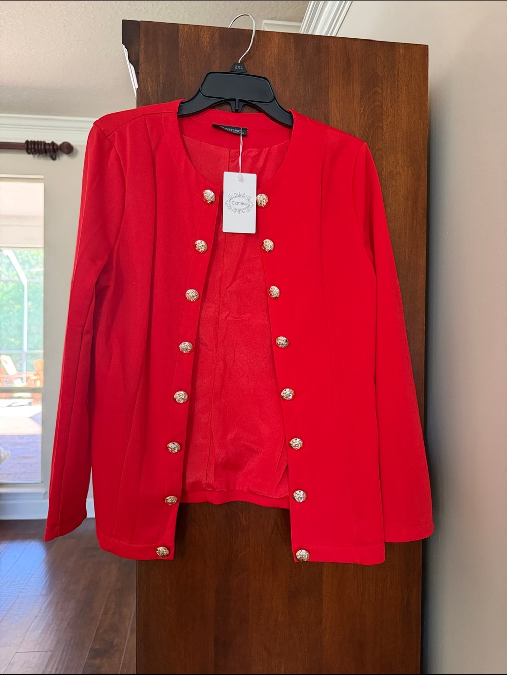 Red Double-Row Button Collarless Blazer